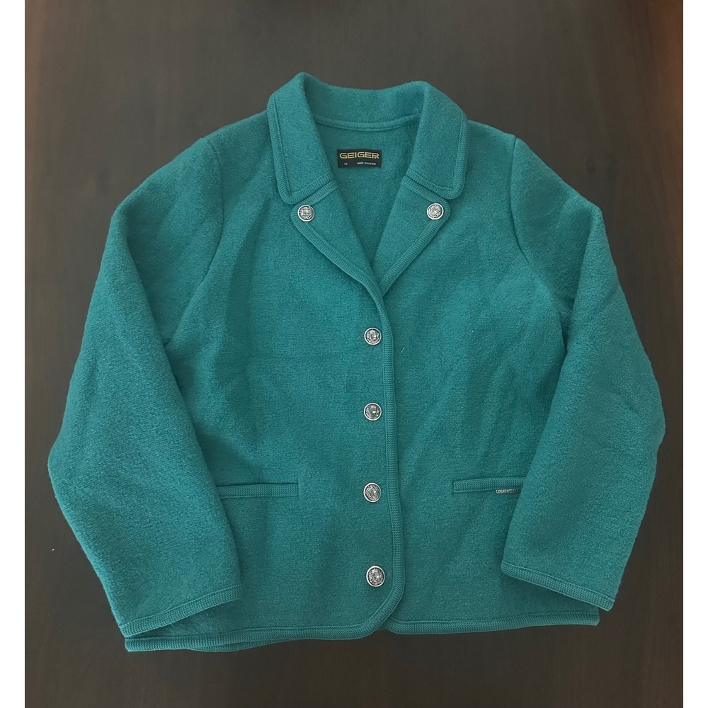 Geiger Austria Teal Boiled Wool Jacket Salzburg Crest Button Cardigan Size 46